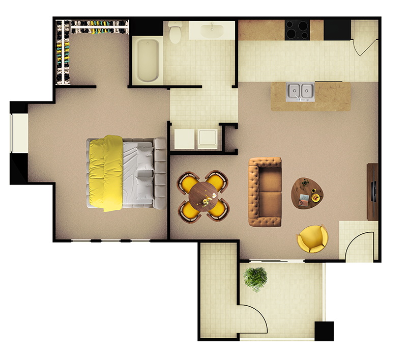 Floor plan for 1 bed, 1 bath, 985 sqft